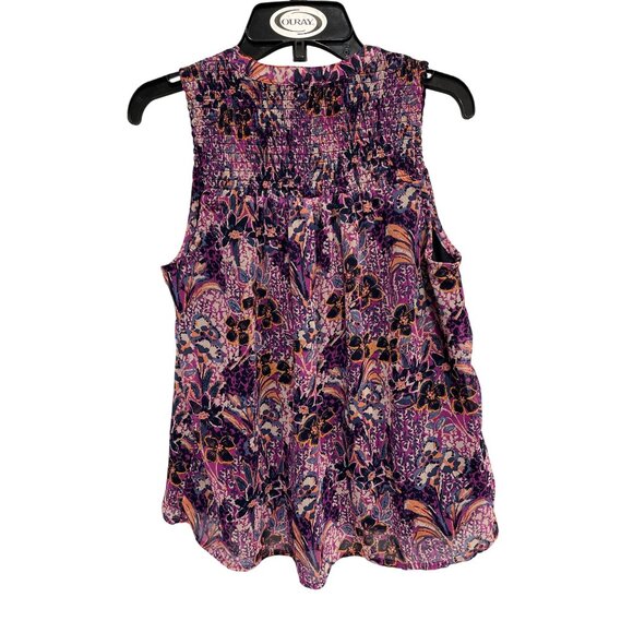 Evereve Blouse Size XS Floral V Neck Sleeveless Smocked Yoke Purple Boho Chic - Picture 4 of 8
